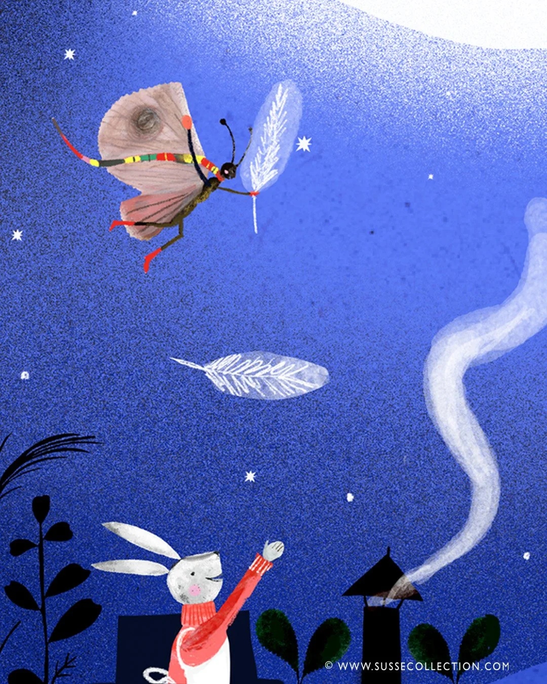 A photgraph of an illustration of a Rabbit  and moth by Susse Linton