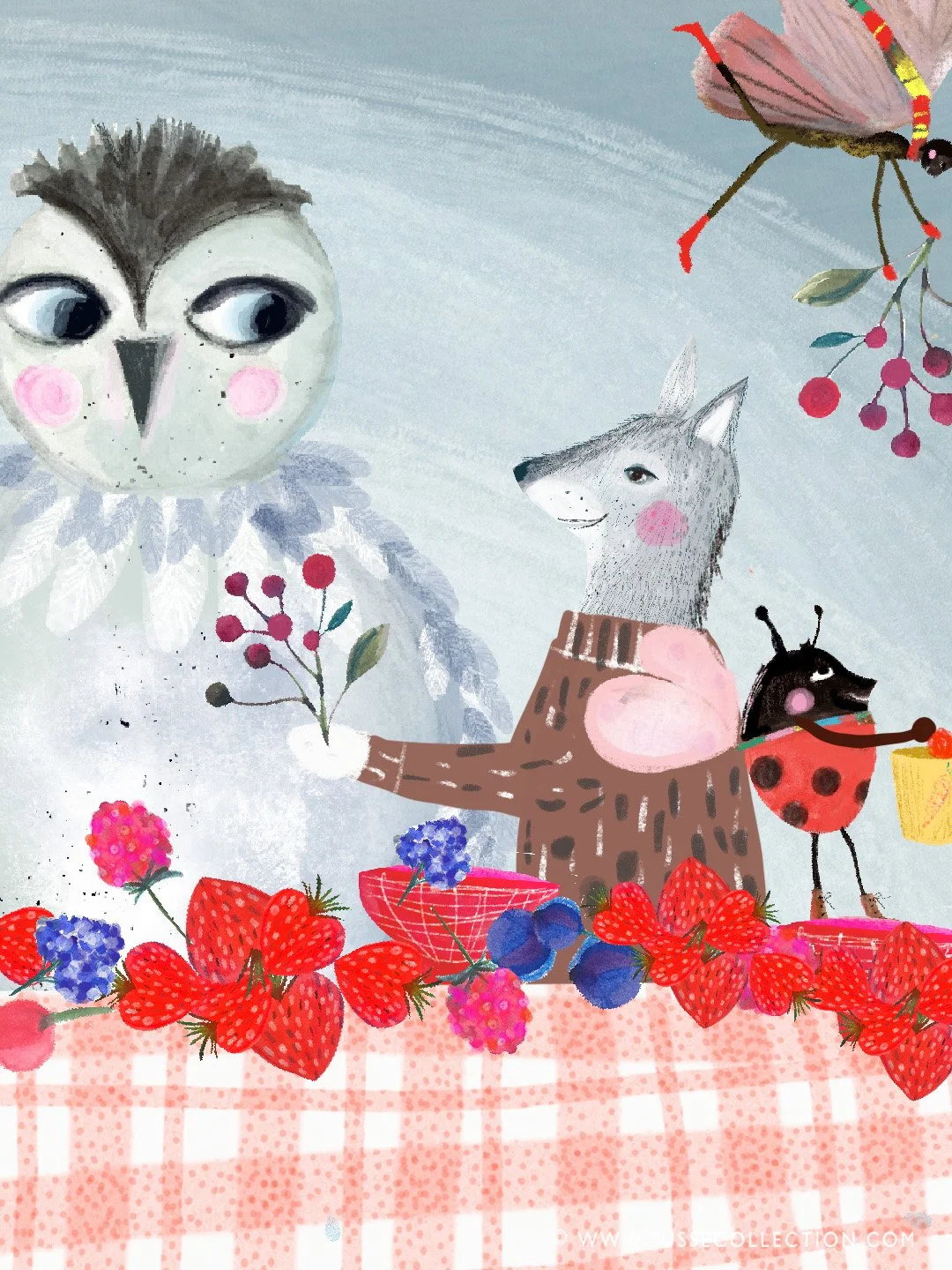 A photograph of an illustration of cute woodland animals enjoying a feast of berries detail