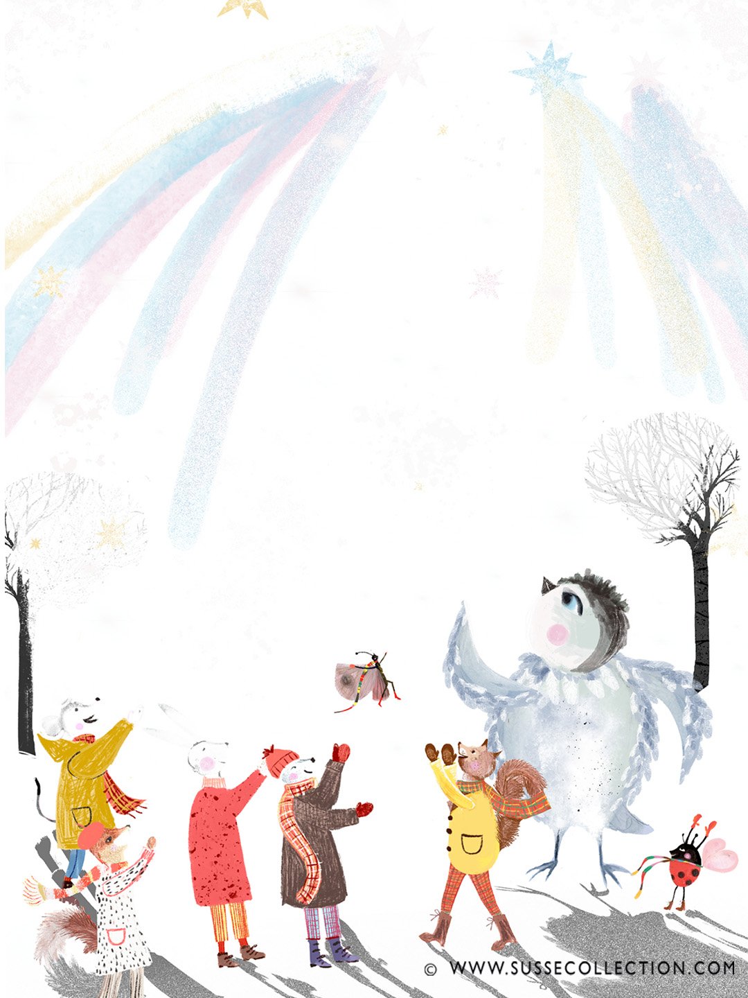 A photograph of an illustration of cute forest animals celebrating new year in a snowy winter scene.