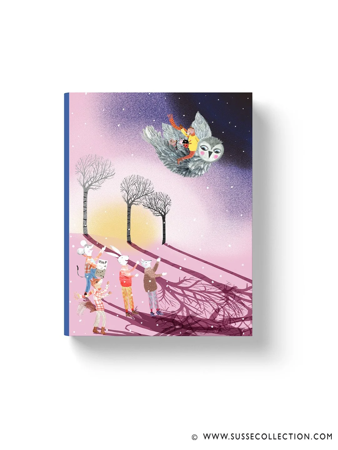 A photogrpah of an illustration showing a winter scene of an owl flying in the night sky book cover