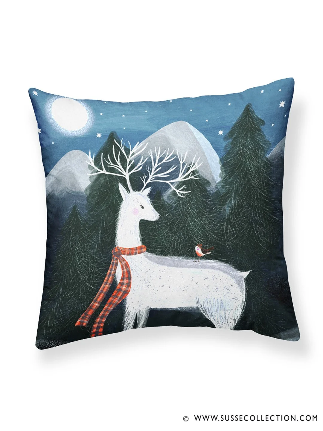 A photograph of an illustration of winter scene of a Scottish white stag and Robbin  on a pillow case