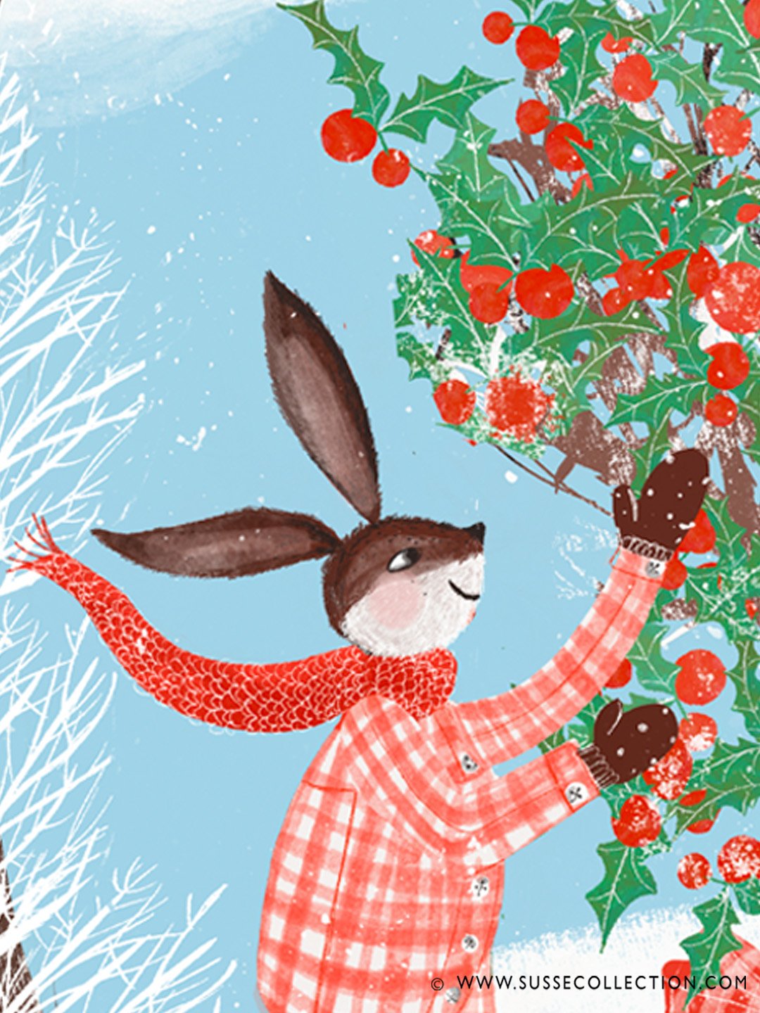 A photograph of an illustration fo a rabbit and mouse gathering holly in a winter snow scene. detail