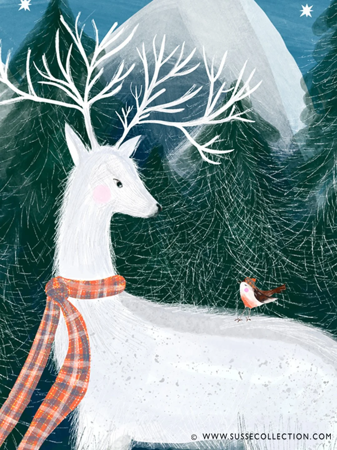 A photograph of  a detail of an illustration of winter scene of a Scottish white stag and Robbin