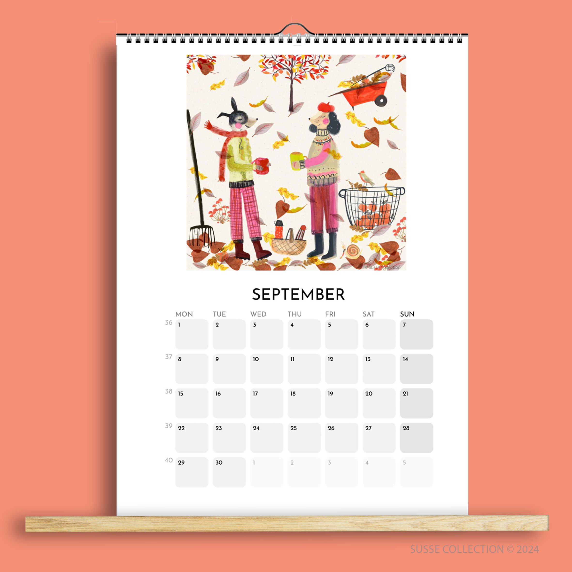 Wall Calendar A3 2025 September page illustrated by Susse Linton