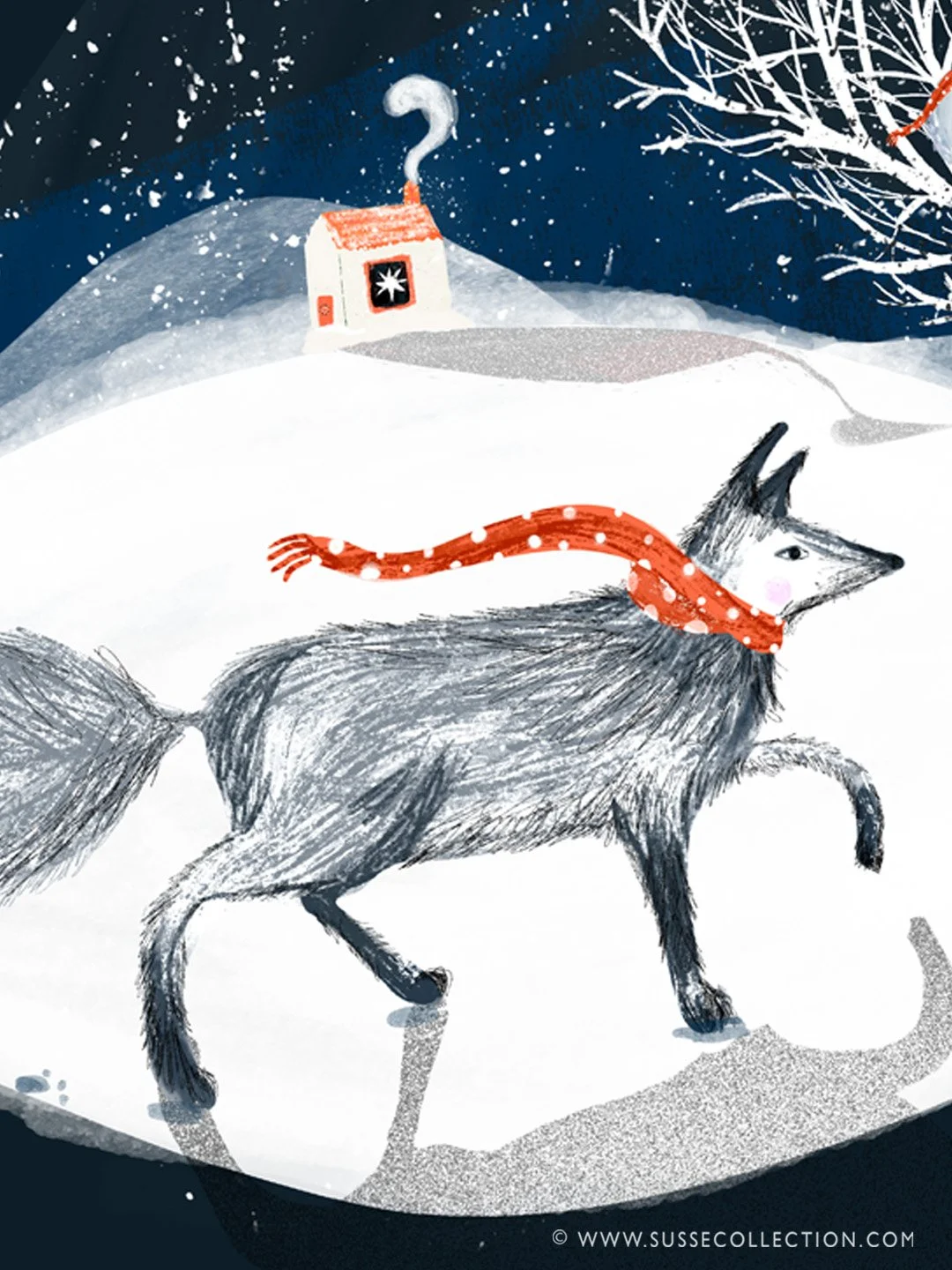 A photograph of an illustration of a wolf andwinter scene