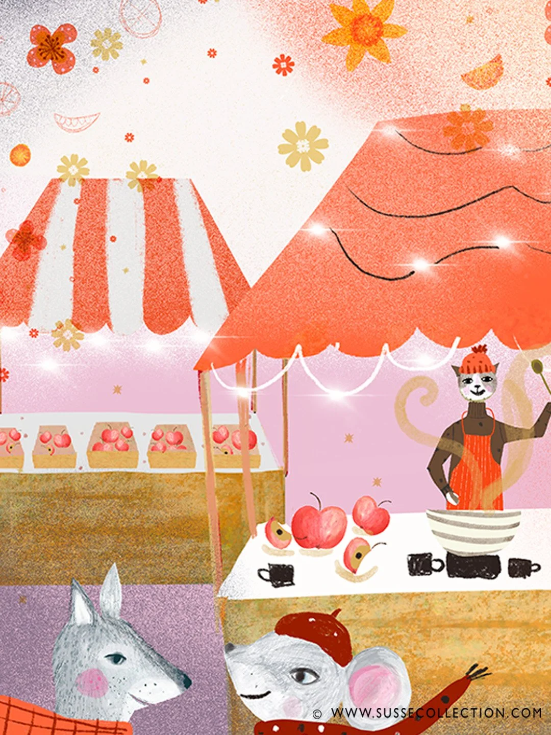 A photograph of an illustration of a Christmas market with cute animals. Detail