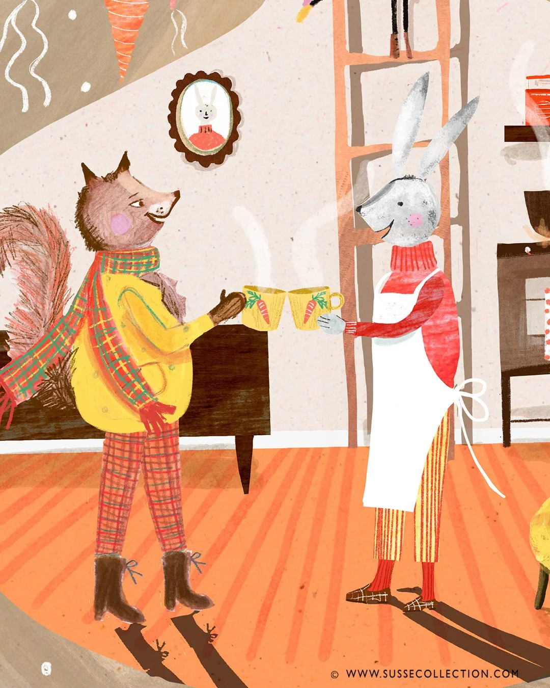 A photograph of an illustration with animals drinking soup by illustrator Susse Linton