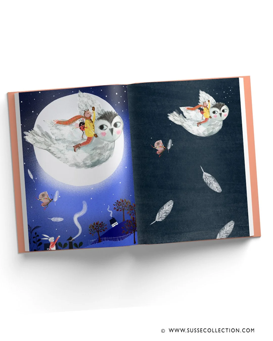 A photgraph of an illustration of an owl and moon  as a book spreadby Susse Linton