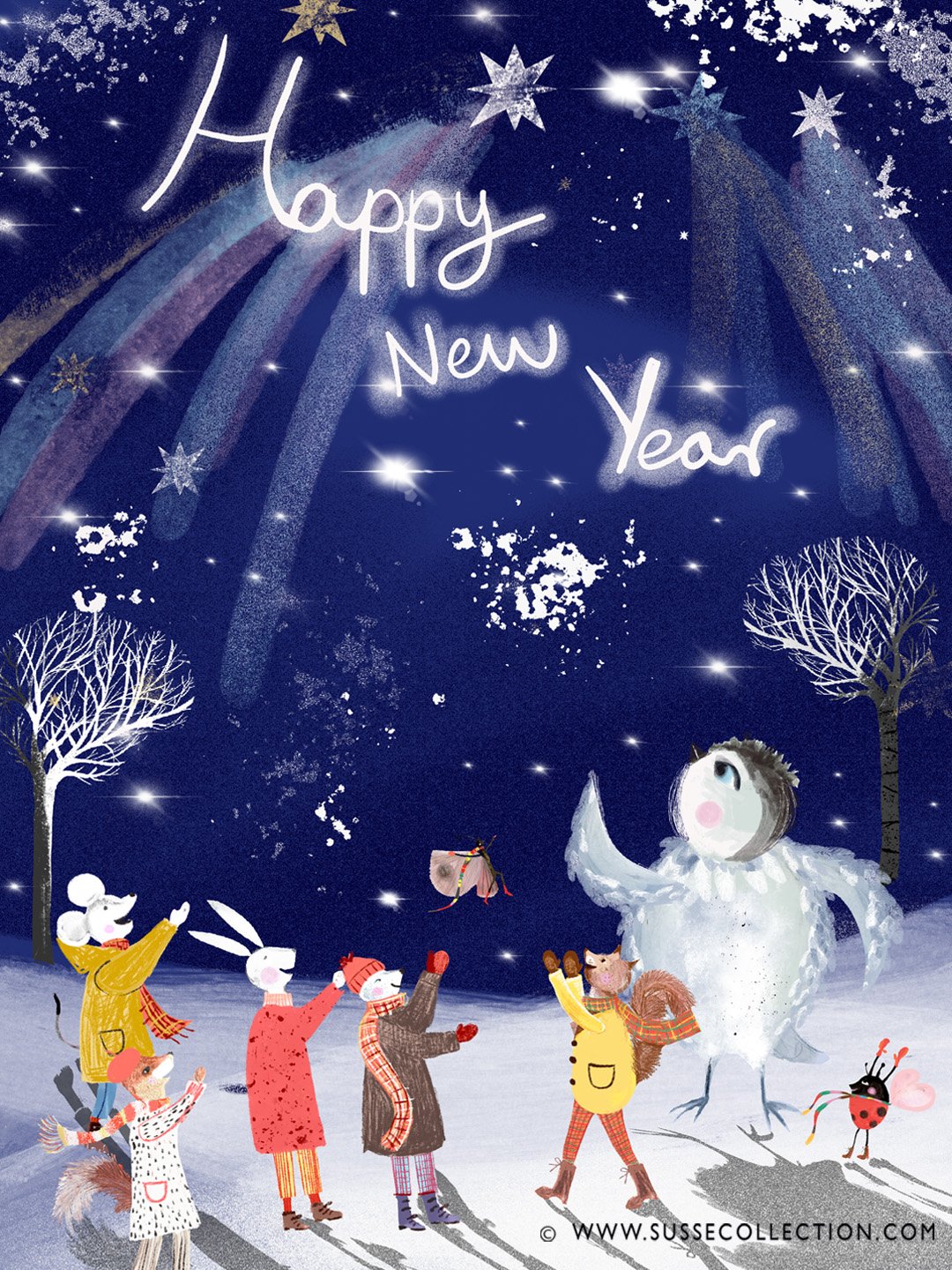 A photograph of an illustration of cute forest animals celebrating new year in a snowy winter scene.