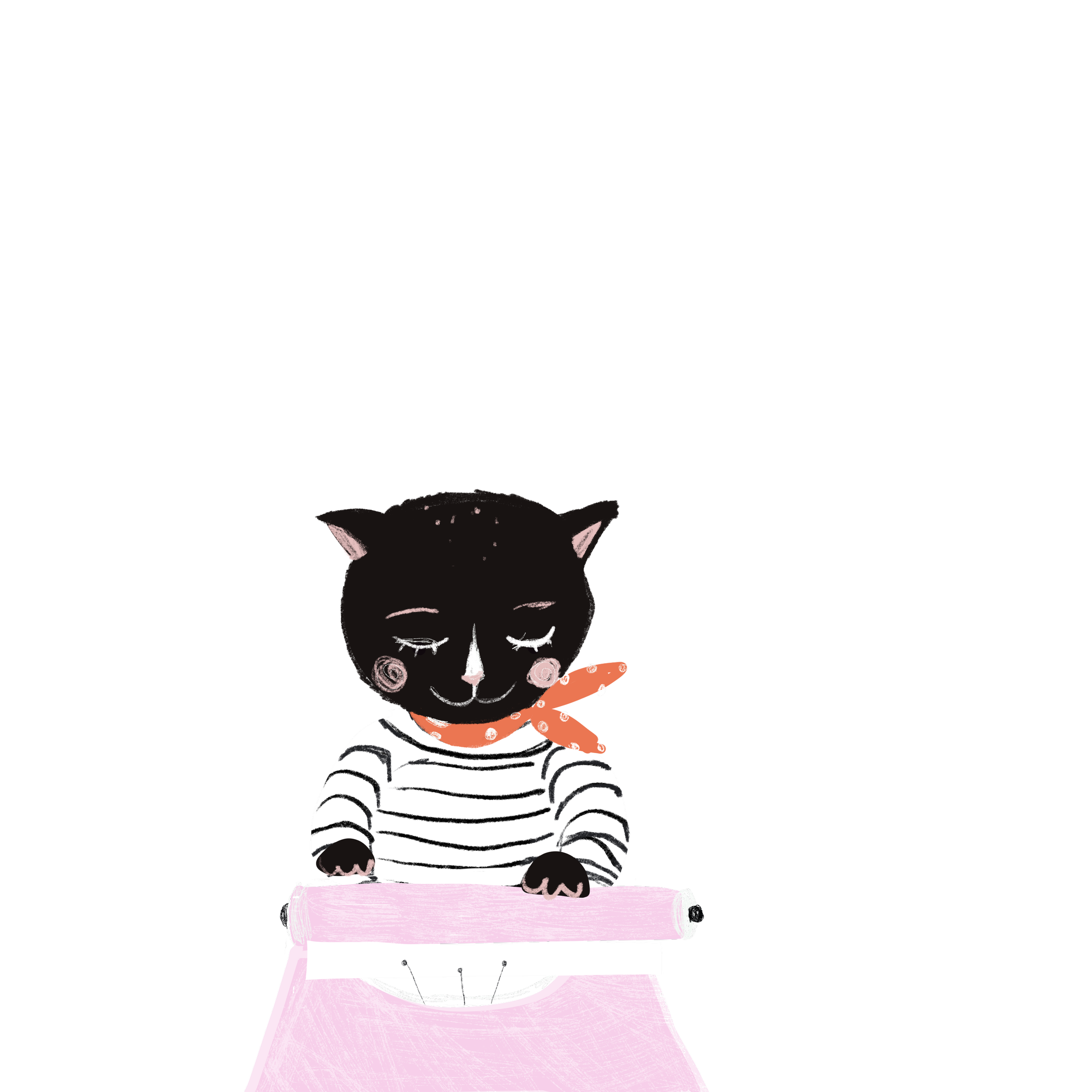 A cartoon black cat with a pink bowtie, wearing a striped shirt, rolling out pink dough with a rolling pin on a pink surface.