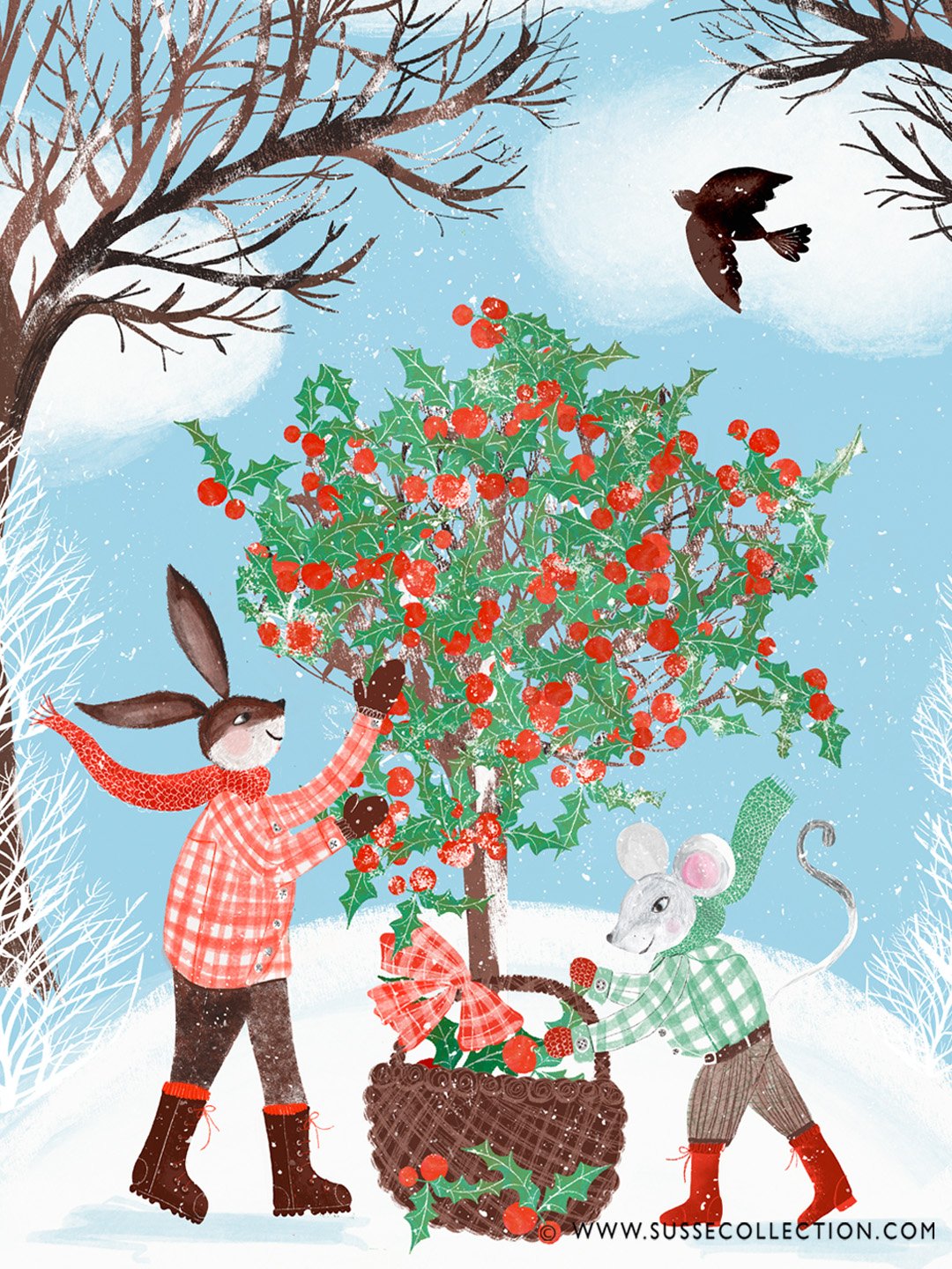 A photograph of an illustration fo a rabbit and mouse gathering holly in a winter snow scene.