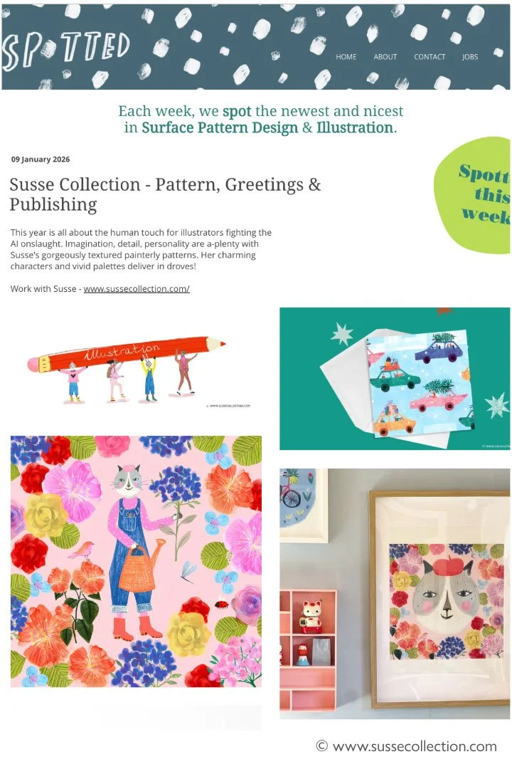 A photo collage from the Spotted Design Blog featuring Illustrator Susse Linton