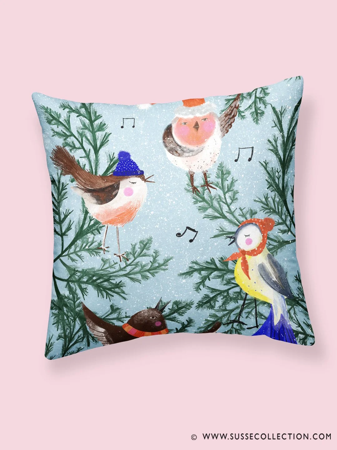 An illustration of Christmas Birds singing carols in a tree. as a pillow design