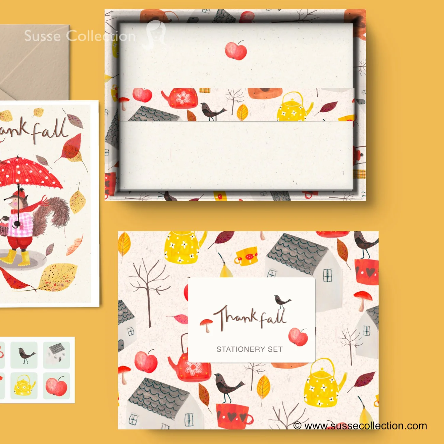 A stationery set packaging with fall-themed illustrations including apples, mushrooms, teapots, houses, leaves, sticks, and a bird. The set is from Susse Collection and includes notecards and envelopes with matching designs.