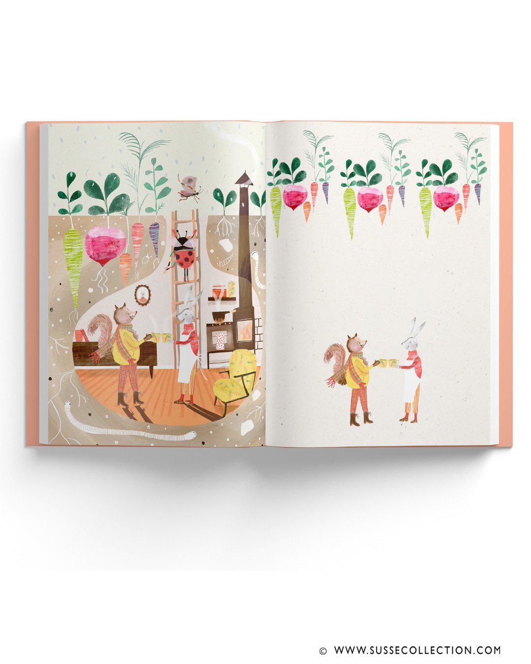 A photograph of an illustration with animals drinking soup  as a book spread by illustrator Susse Linton