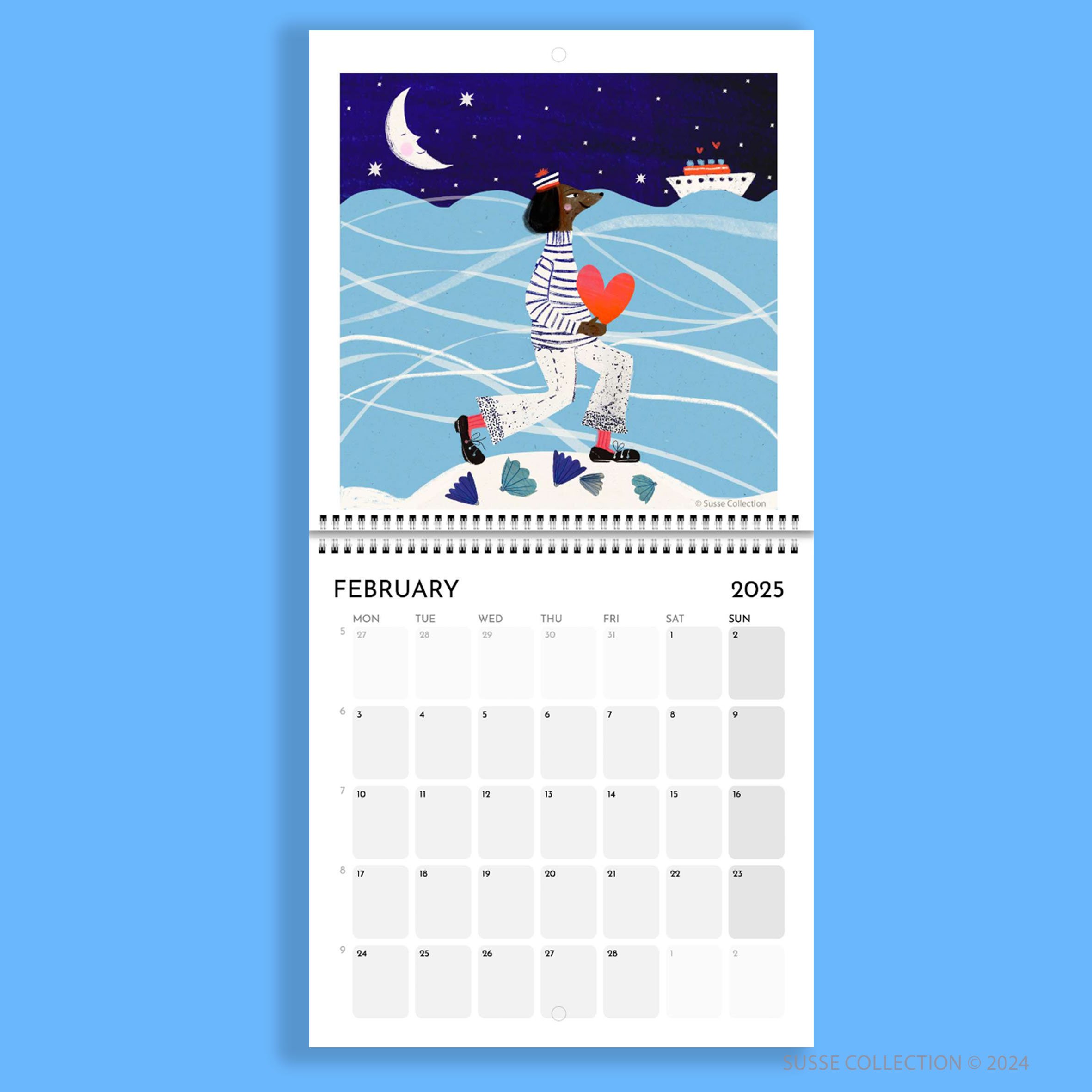 Square Wall Calendar by illustrator February page Susse Linton for Susse Collection.
