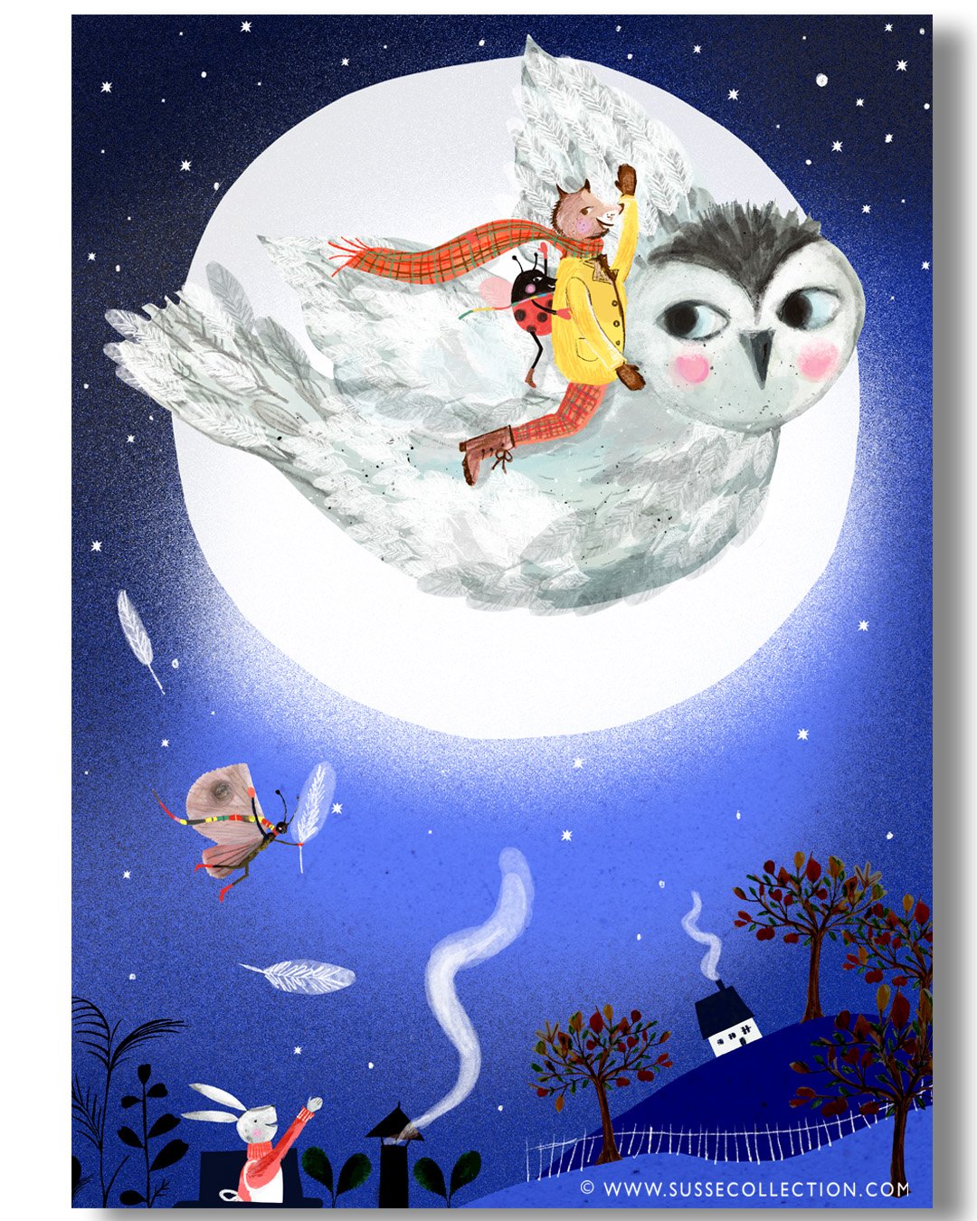 A photgraph of an illustration of an owl and moon by Susse Linton