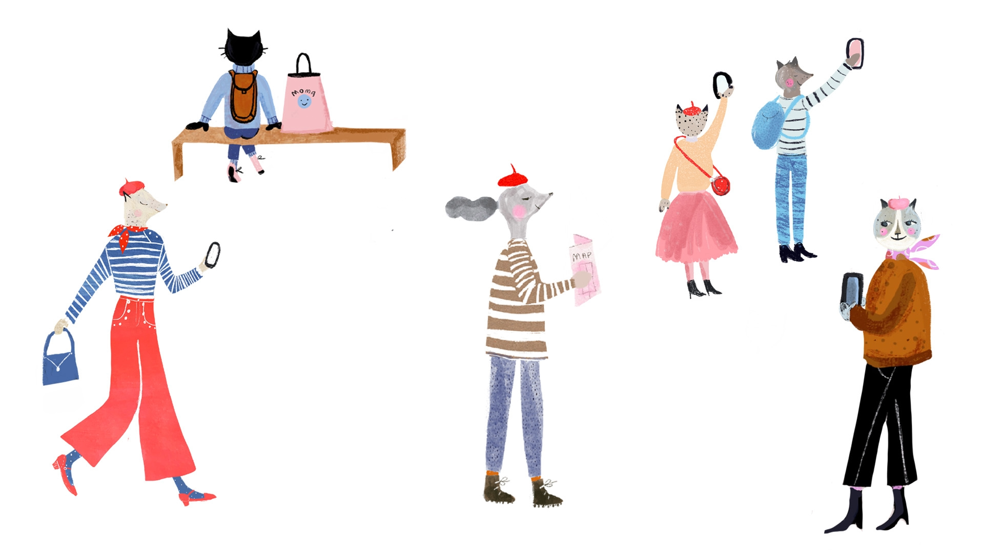 Cartoon cats and dogs with various accessories engaged in different activities, some holding smartphones, some sitting on a bench, with playful and colorful outfits.