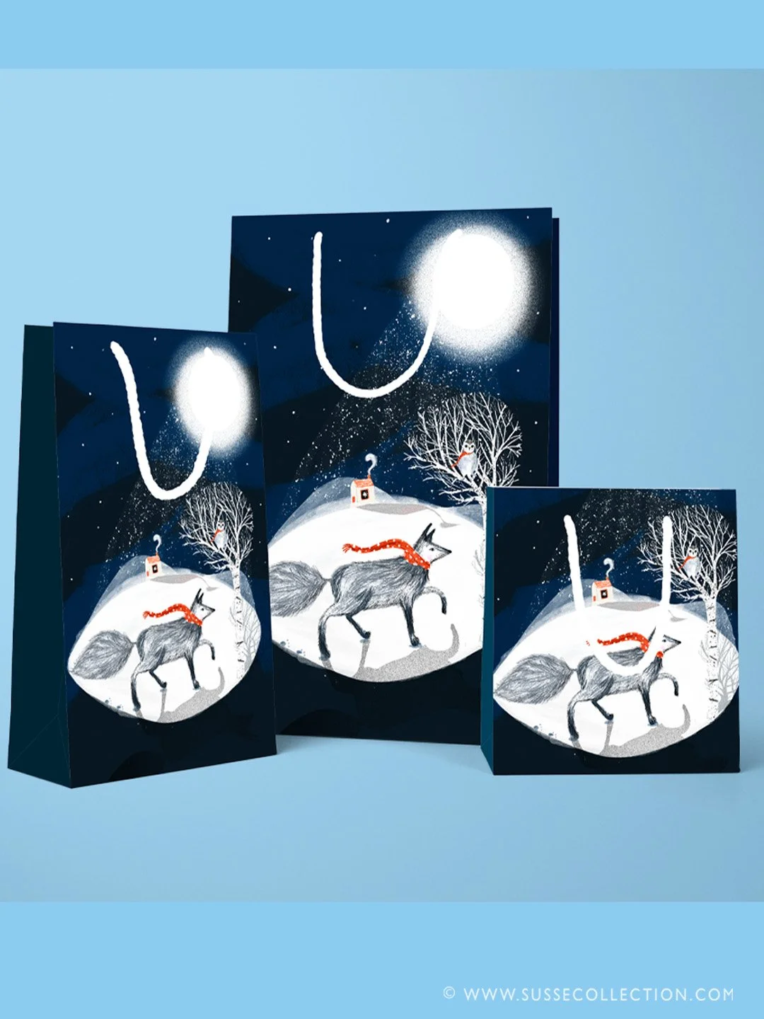 A photograph of an illustration of a wolf and winter scene