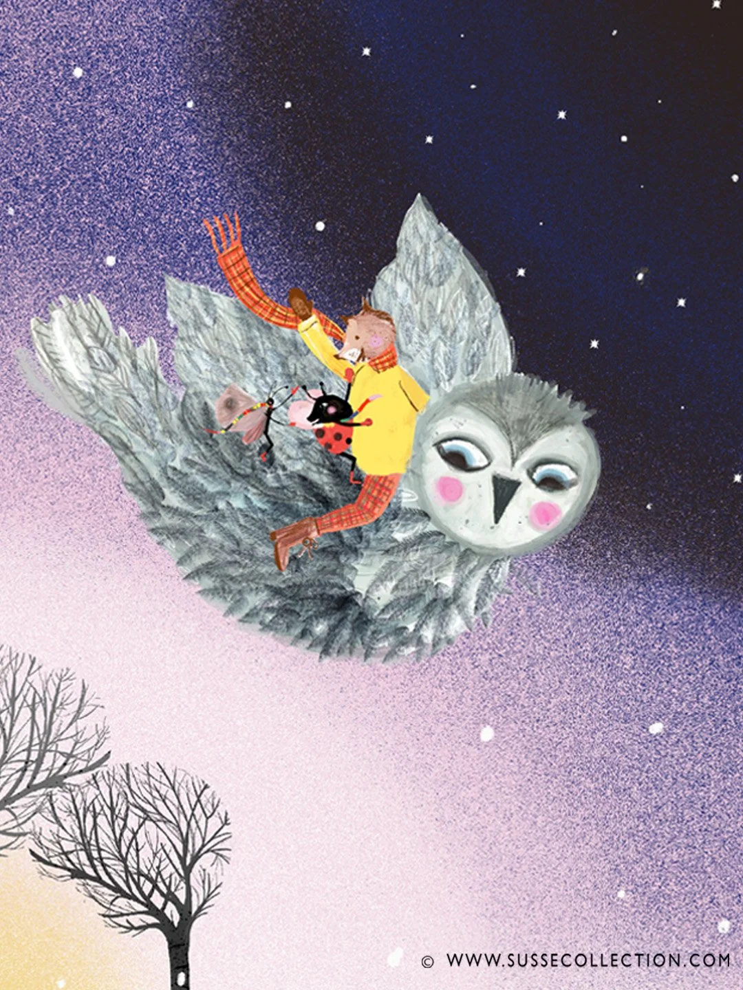 A photogrpah of an illustration showing a winter scene of an owl flying in the night sky