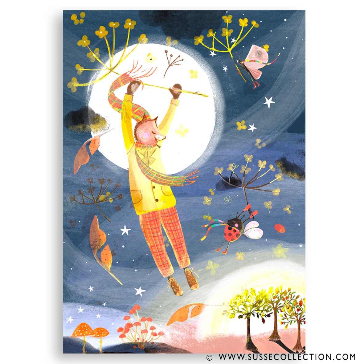 A photograph of an illustration of a squirrel in teh moonlight by illustrator Susse Linton