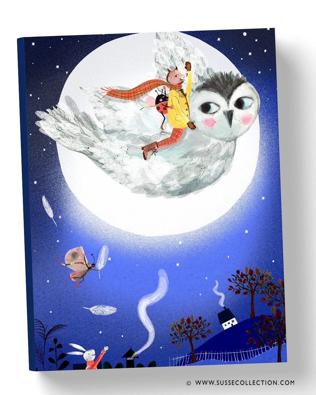 A photgraph of an illustration of an owl and moon as a book cover by Susse Linton