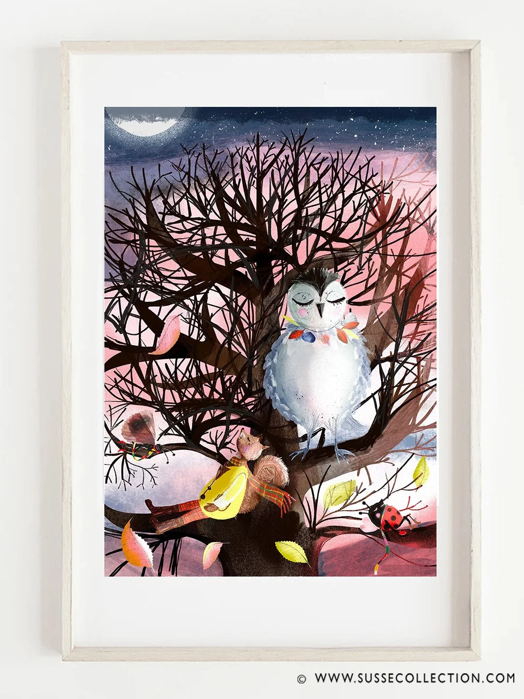 A photograph of a an art  print of an illustration of an owl,squirrel, moth, and ladybug by Susse Linton