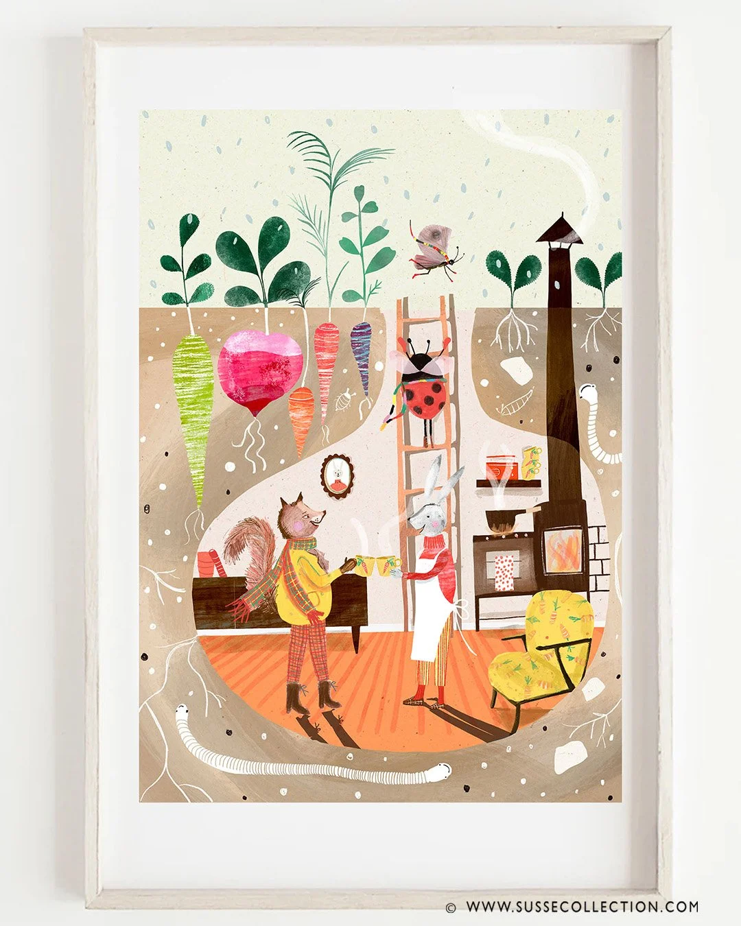 A photograph of an illustration with animals drinking soup as an art print  by illustrator Susse Linton