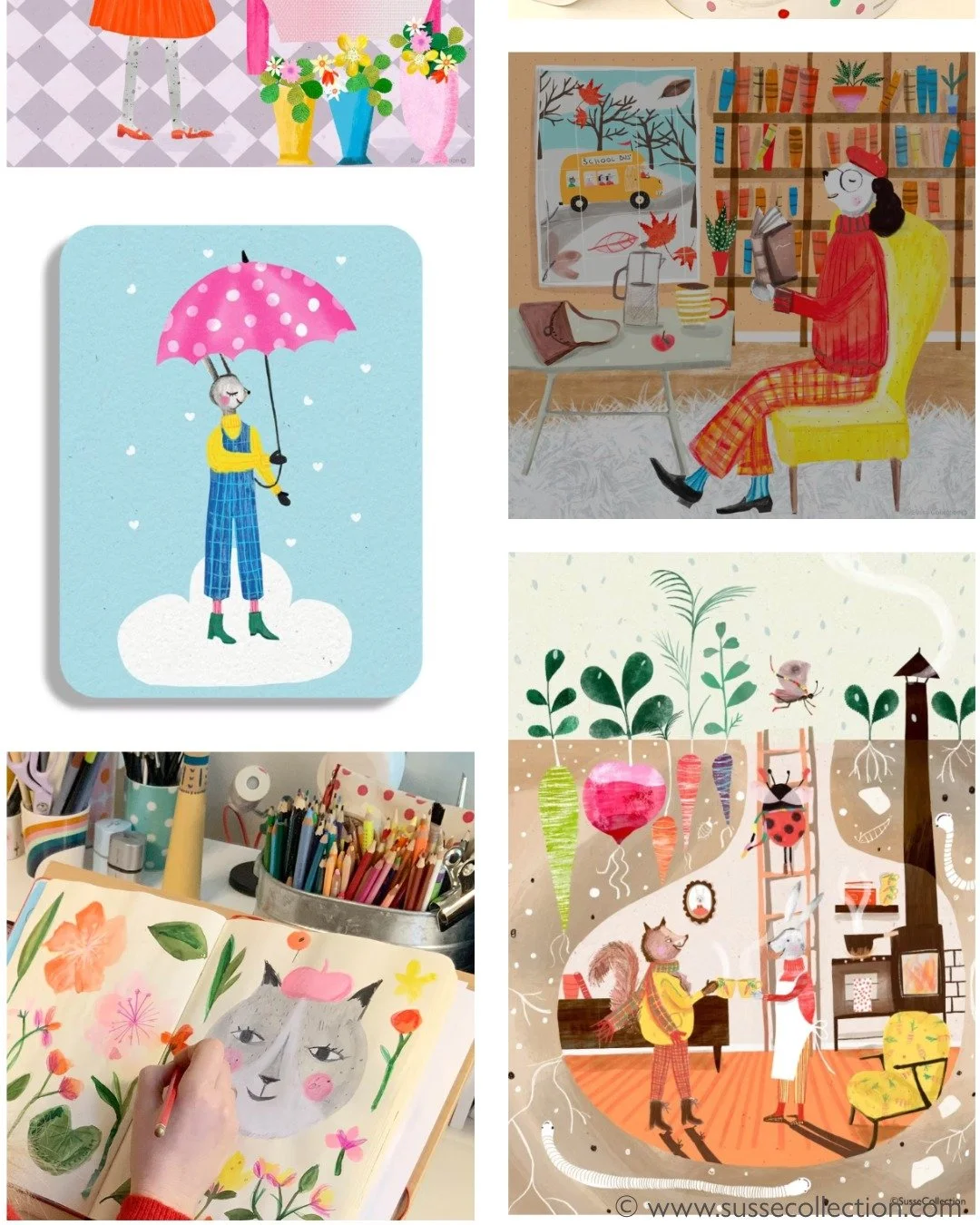 A photo collage from the Spotted Design Blog featuring Illustrator Susse Linton