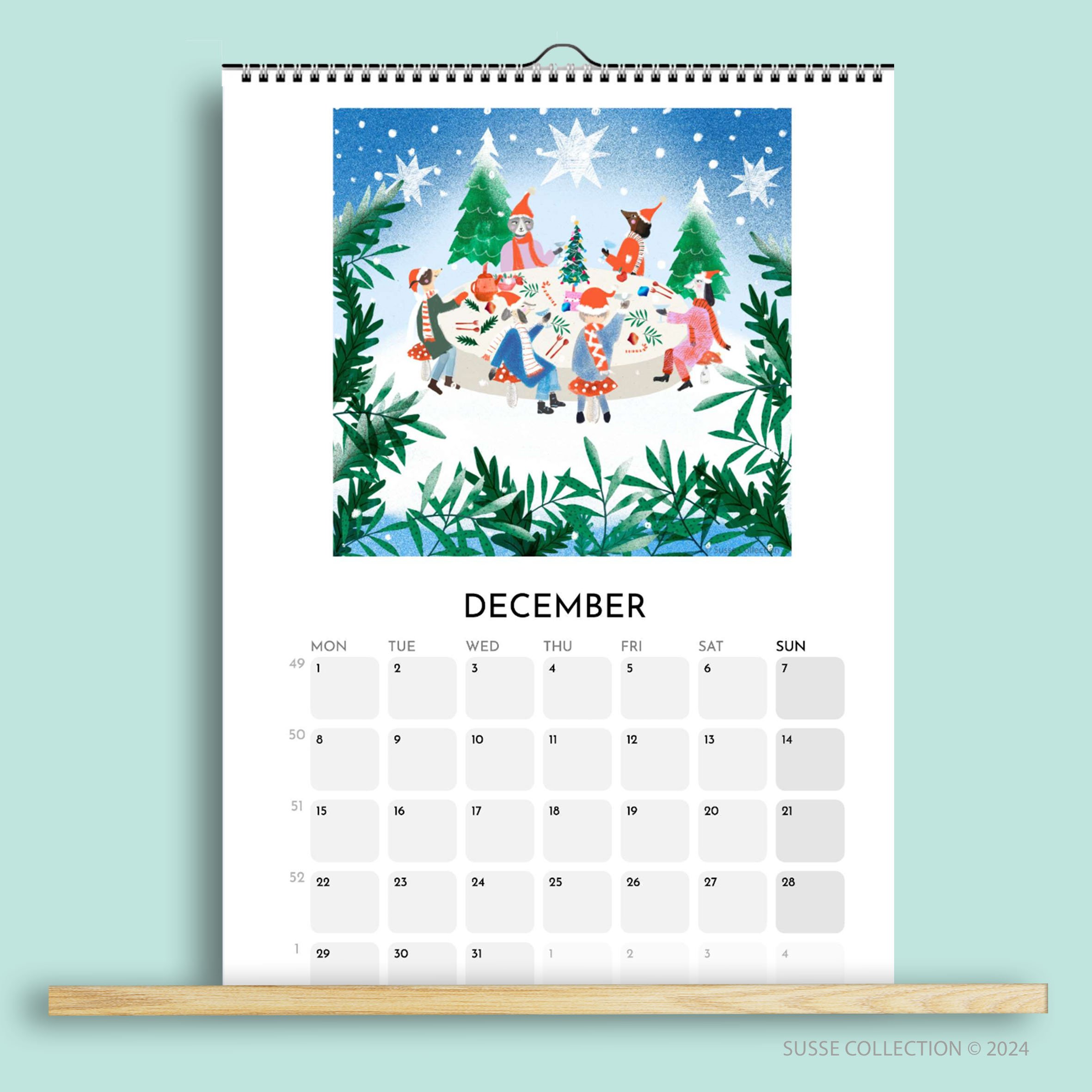 Wall Calendar A3 2025 December page illustrated by Susse Linton