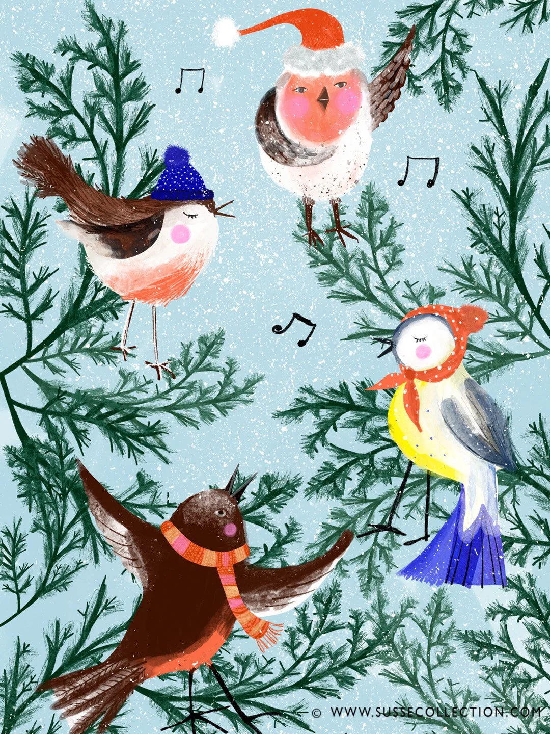 An illustration of Christmas Birds singing carols in a tree.