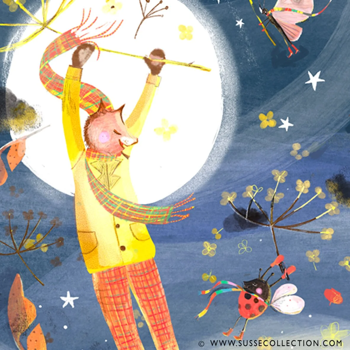 A photograph of an illustration of a squirrel in teh moonlight by illustrator Susse Linton