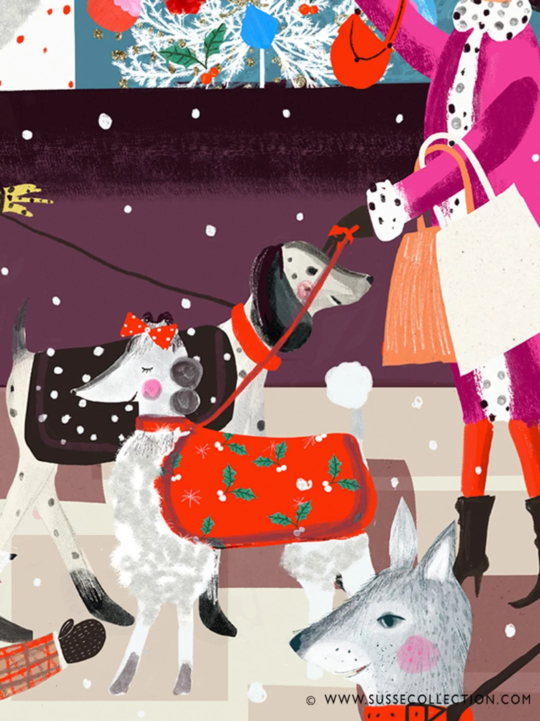 A photograph of an illustration of fashion people Christmas shopping with their dogs. a detail