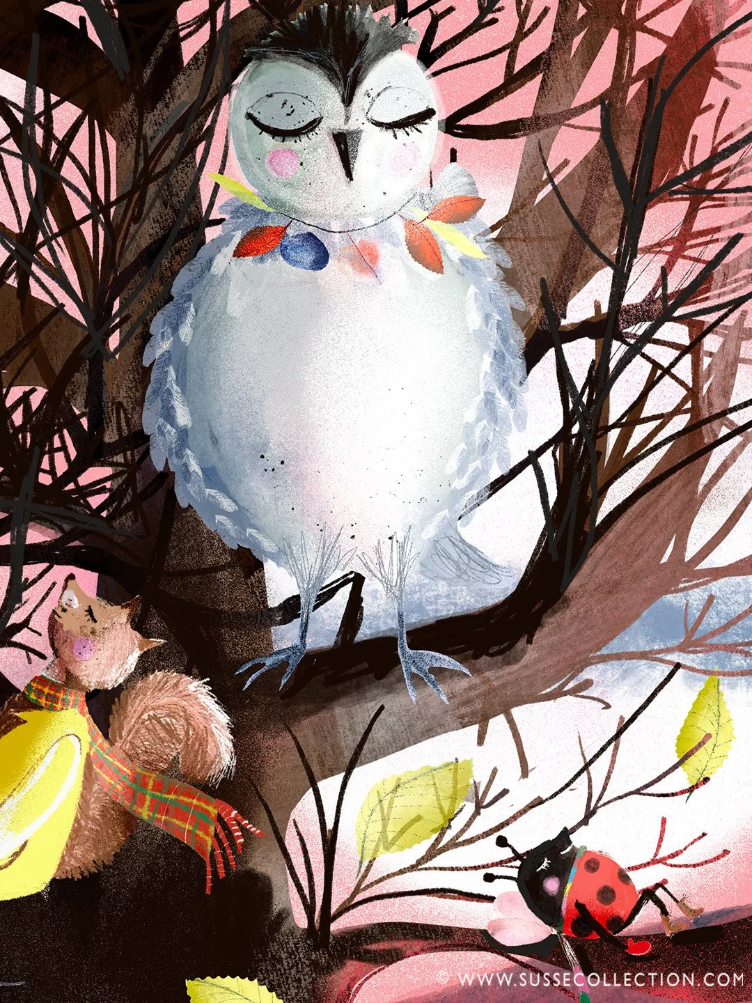 A photograph of  an illustration of an owl, squirrel,, and ladybug by Susse Linton