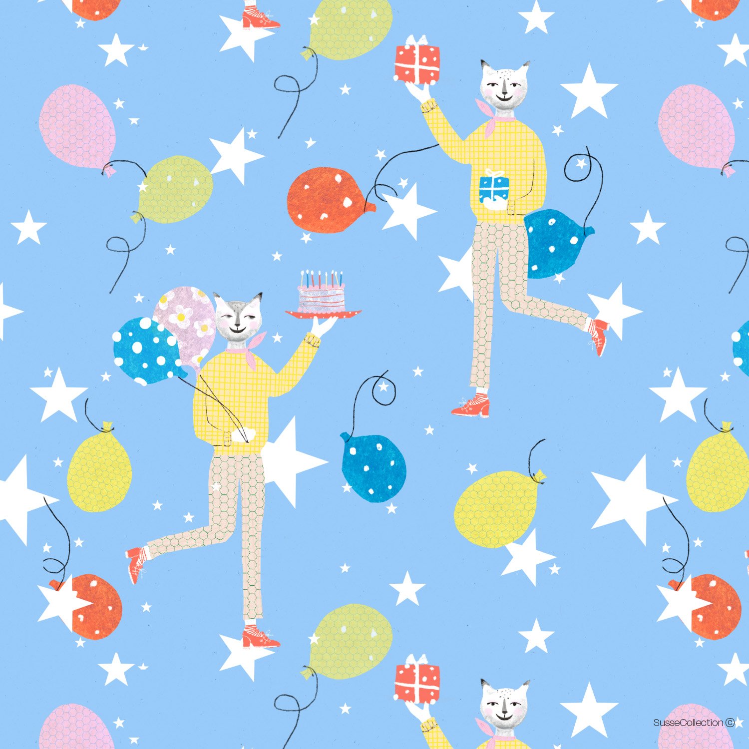 Happy birthday surface pattern design by Susse Linton featuring cats , balloons and birthday cake