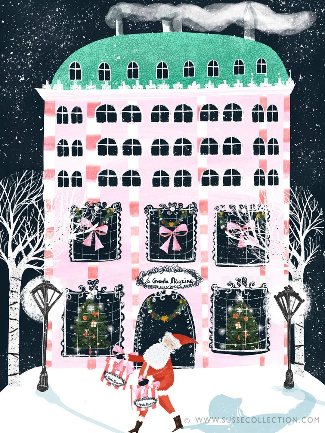 A photograph of an illustration of Santa outside a department store