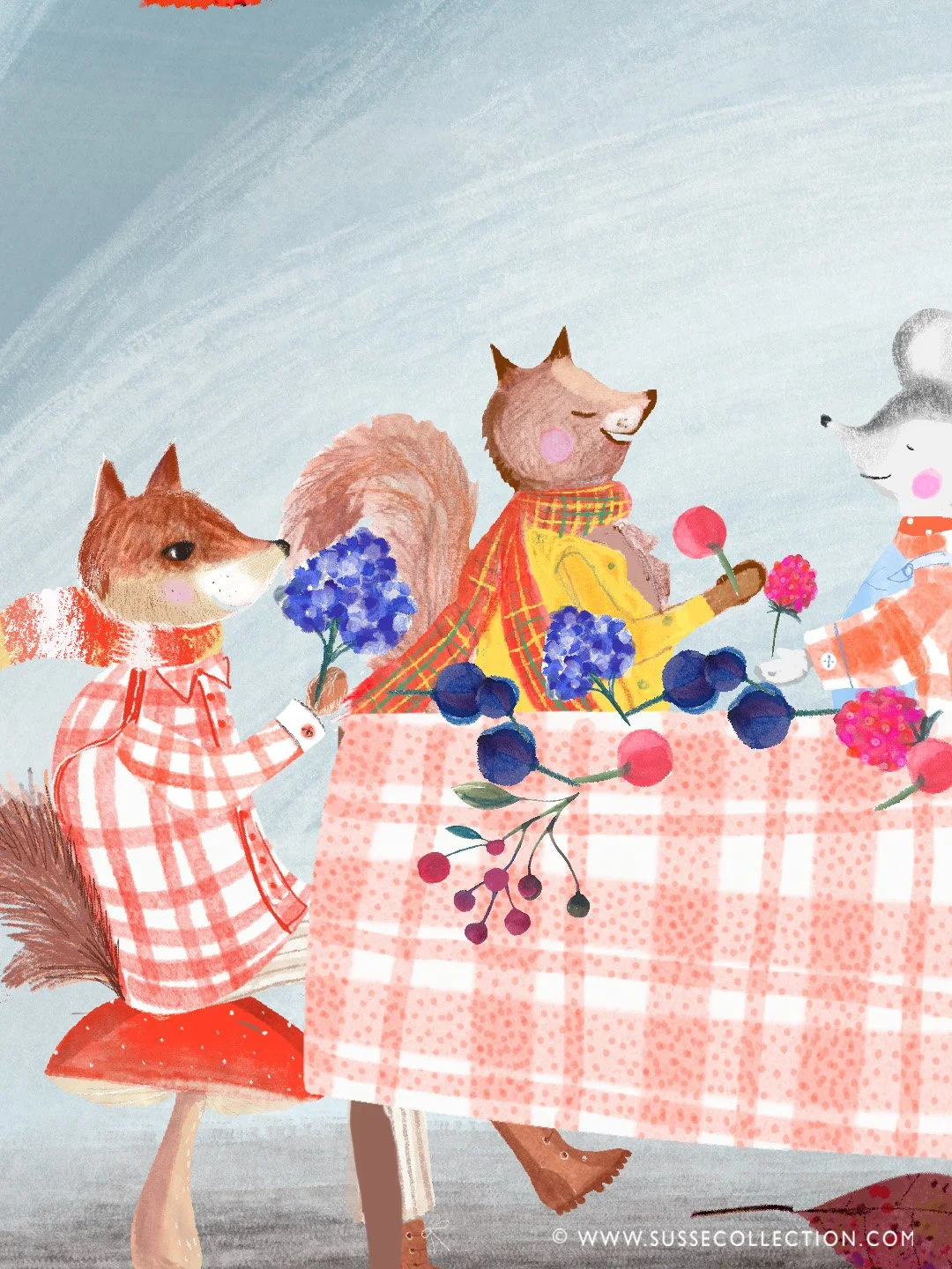 A photograph of an illustration of cute woodland animals enjoying a feast of berries detail