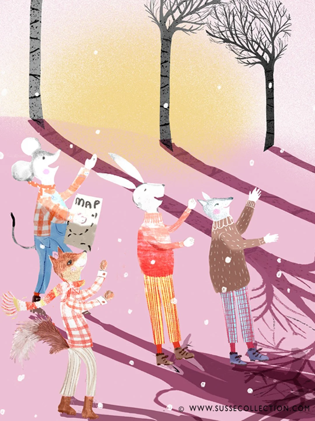 A photogrpah of an illustration showing a winter scene of forest animals waving goodbye