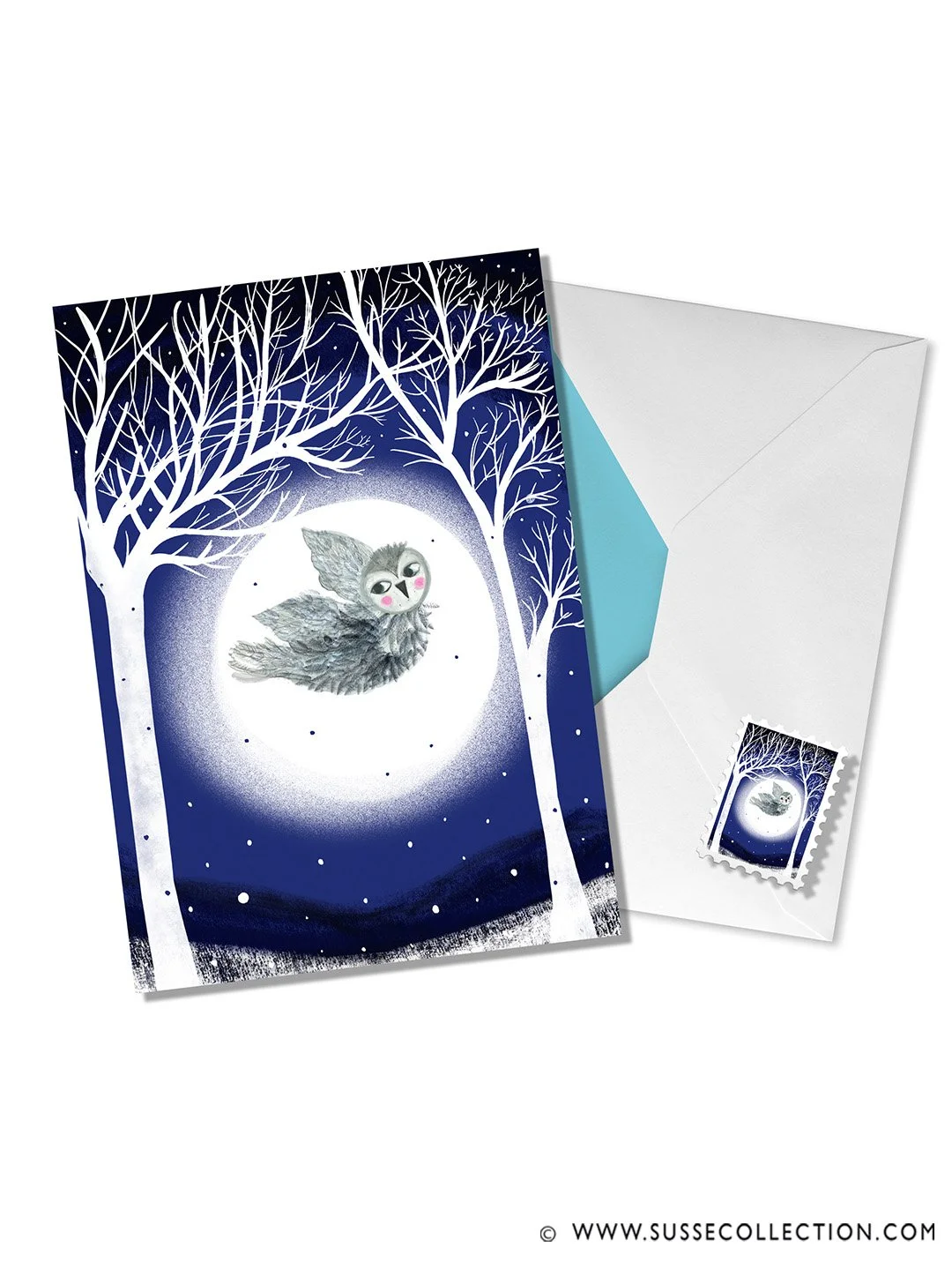 A photograph of a Tawny owl flying in a winer forest.on a greeting card