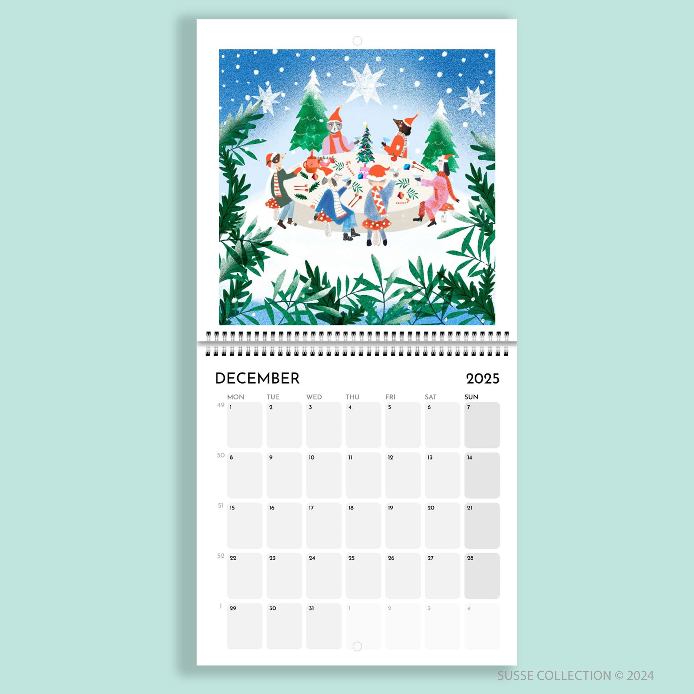 Square Wall Calendar December page by illustrator Susse Linton for Susse Collection.