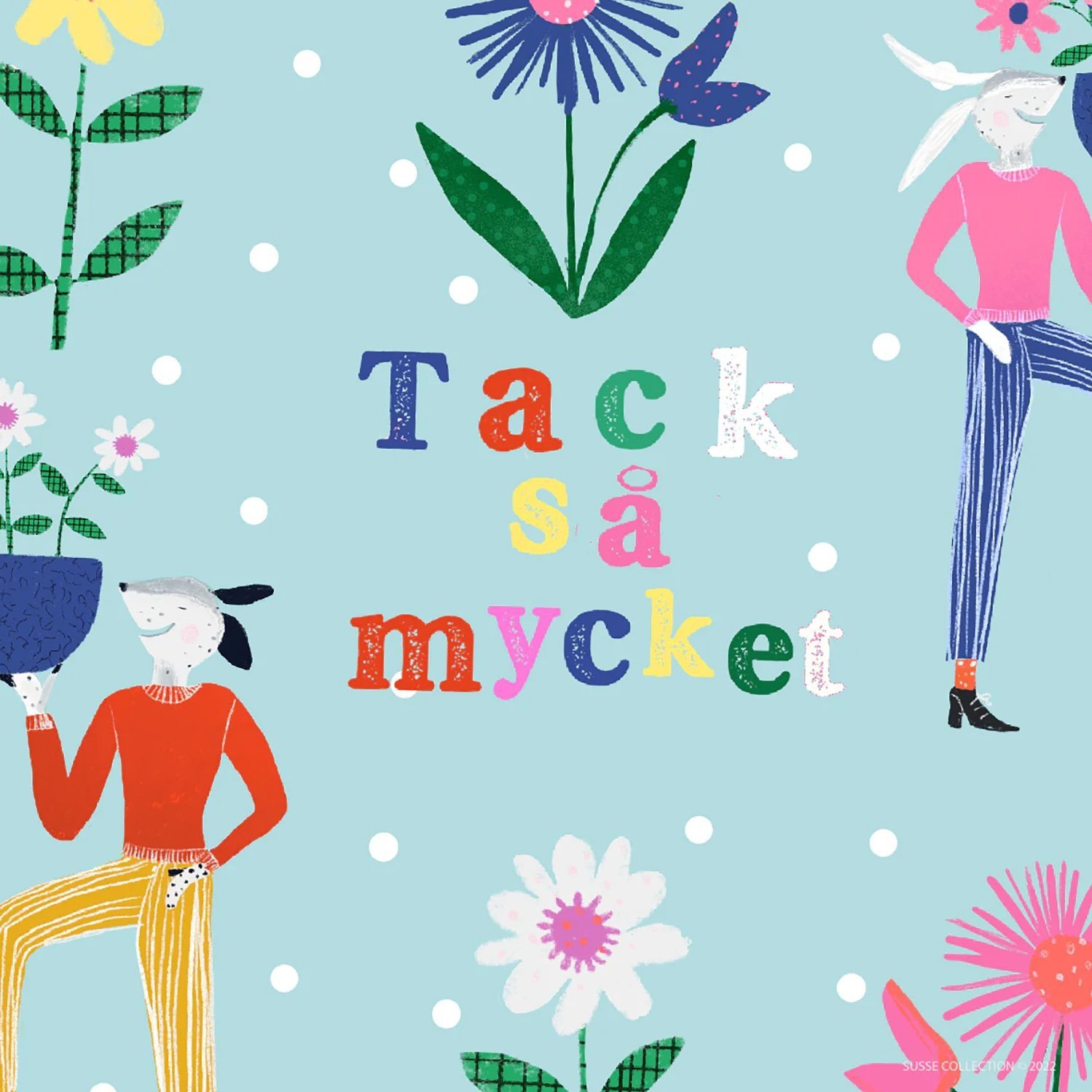 Greeting Card Pack of ten by illustrator Susse Linton for Susse Collection Thank you note cards in Swedish