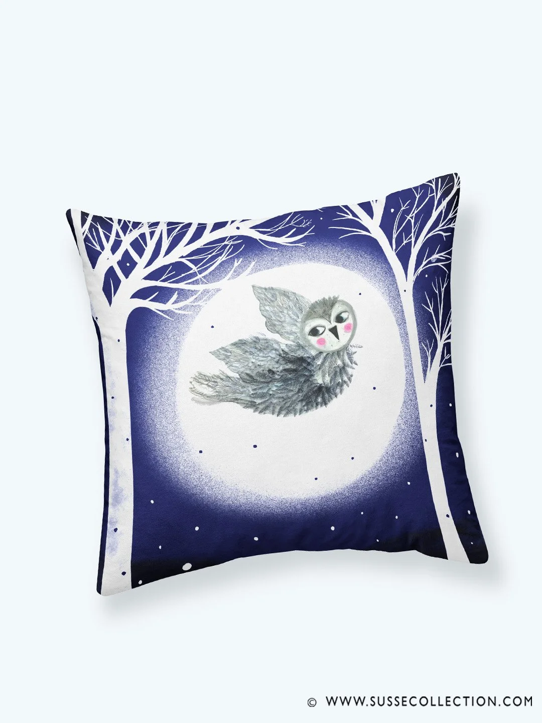 A photograph of a Tawny owl flying in a winer forest. ona pillow cover