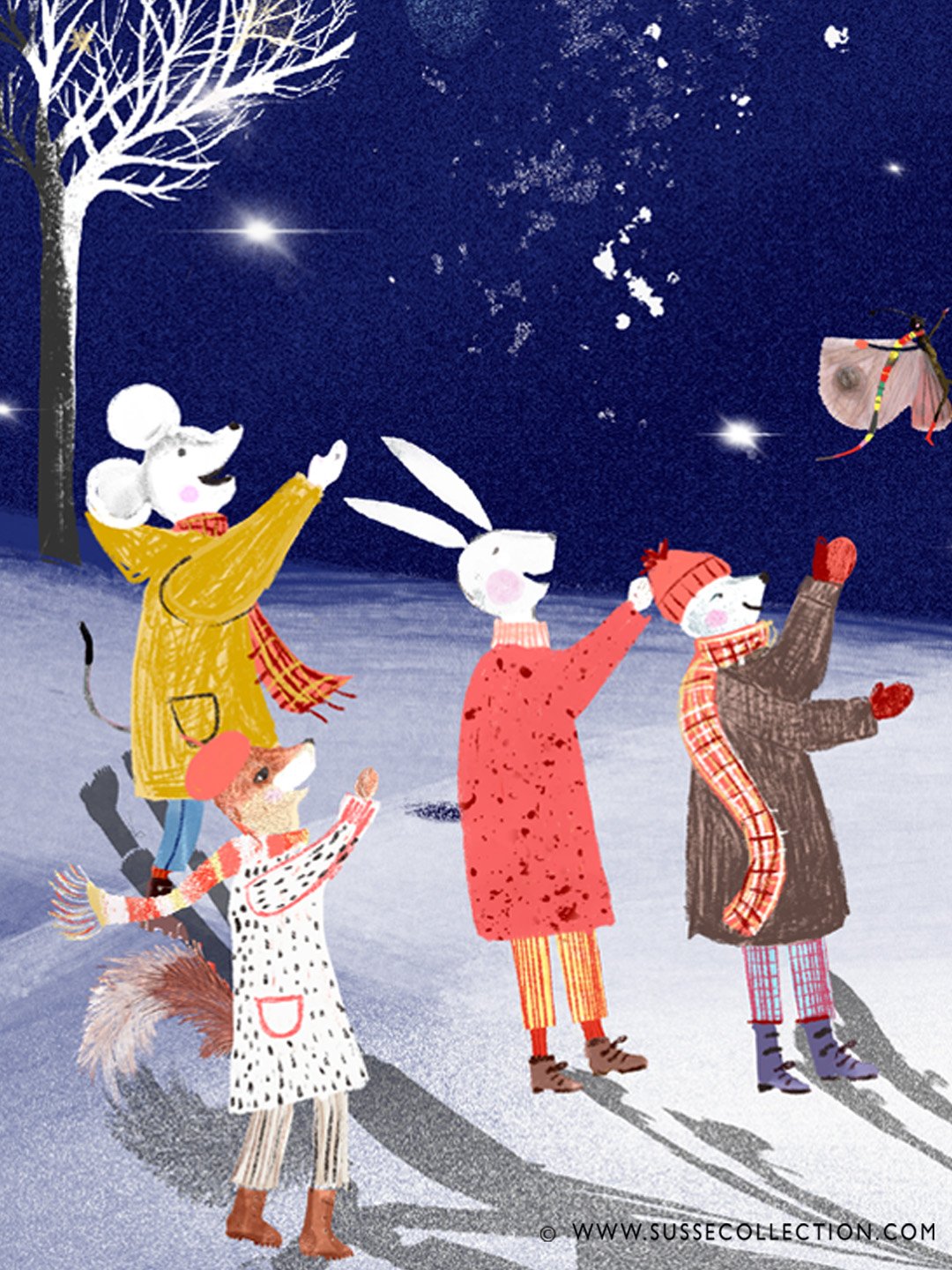 A photograph of an illustration of cute forest animals celebrating new year in a snowy winter scene.Detail