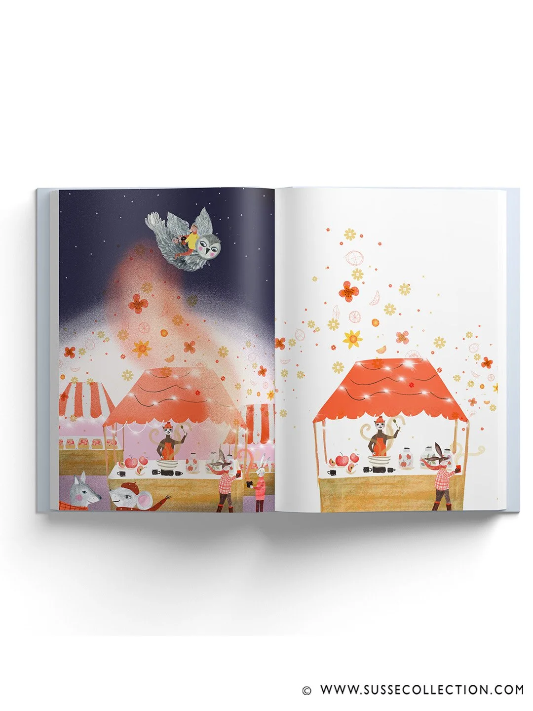A photograph of an illustration of a Christmas market with cute animals picture book spread.