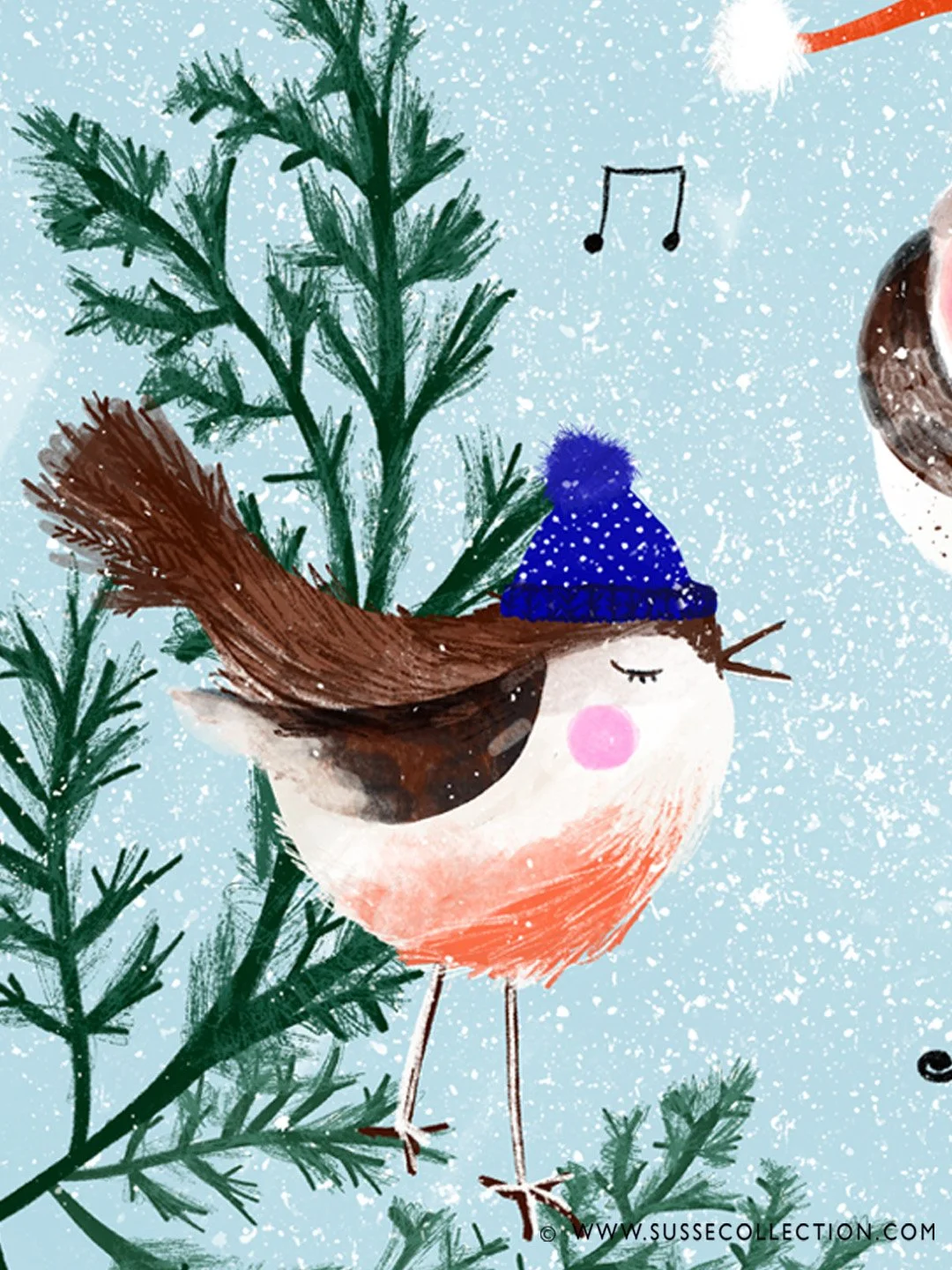 An illustration of Christmas Bird singing carols in a tree.