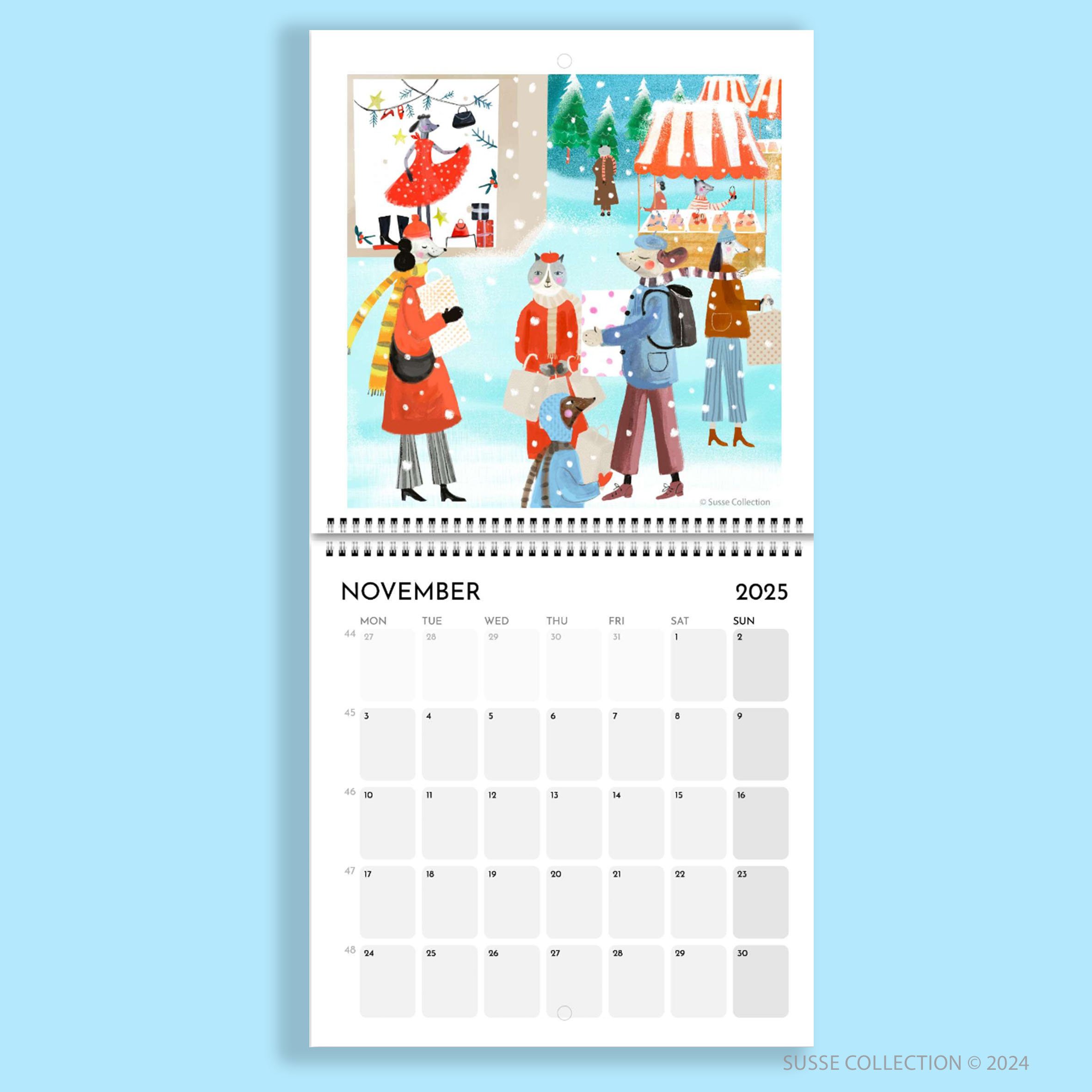 Square Wall Calendar November page by illustrator Susse Linton for Susse Collection.