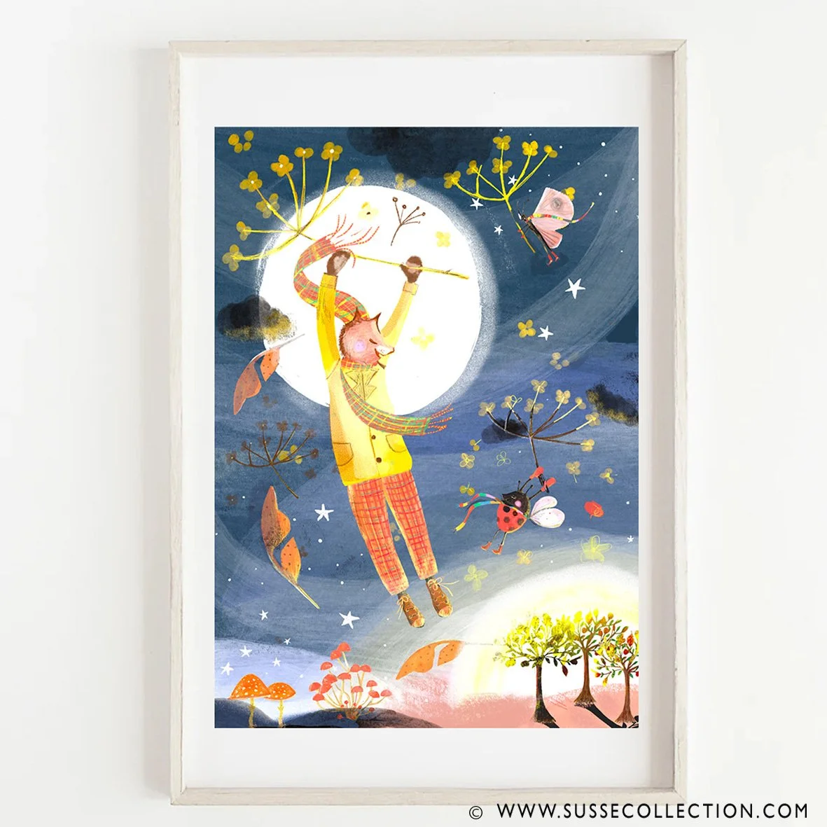 A photograph of an illustration of a squirrel in teh moonlight as an art print by illustrator Susse LintonA photograph of an illustration of a squirrel in the moonlight by illustrator Susse Linton