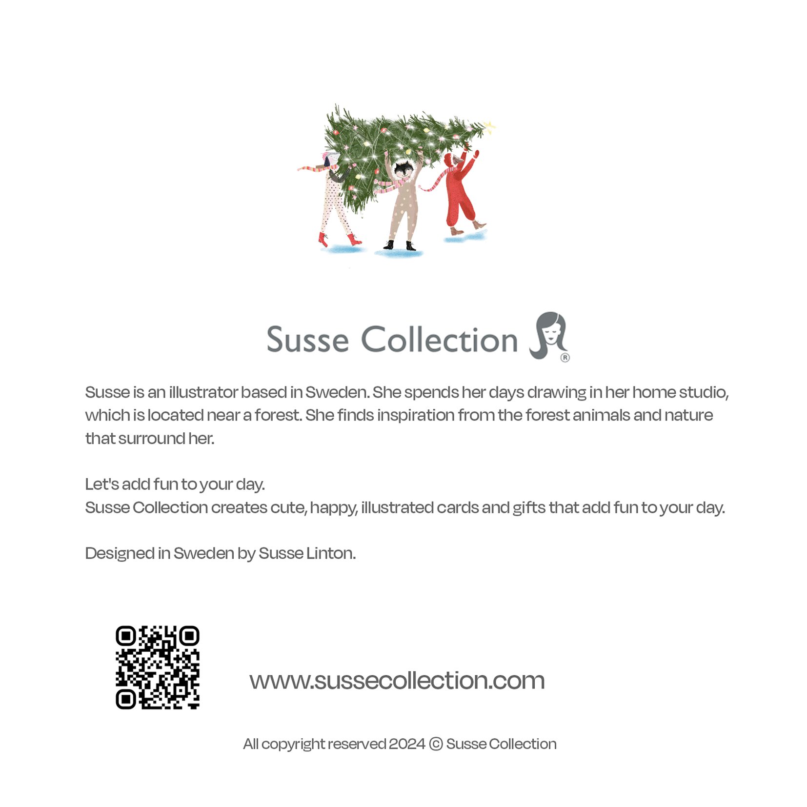 Greeting Card Pack of ten by illustrator Susse Linton for Susse Collection Christmas cards back