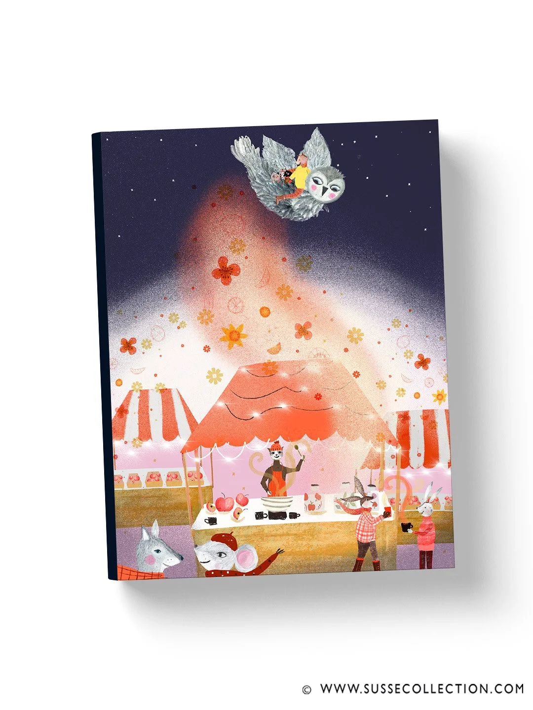 A photograph of an illustration of a Christmas market with cute animals as a Picture book Cover