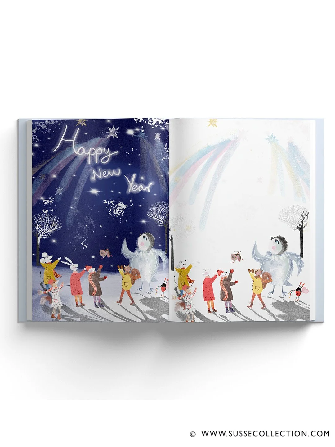 A photograph of an illustration of cute forest animals celebrating new year in a snowy winter scene. Picture book spread
